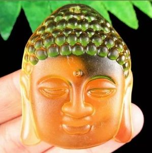 New Huge Carved Yellow Crystal Buddha Head Pendant.